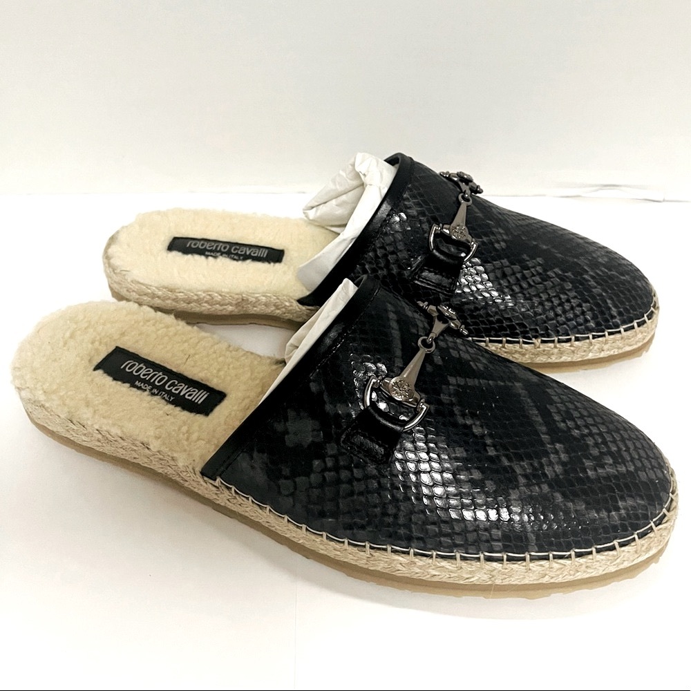 ROBERTO CAVALLI
Snake-Embossed Leather & Faux Fur Mules